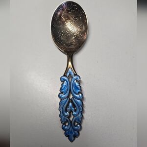Aksel Holmsen Sugar Spoon Openwork Blue Enamel Ornate Sterling 1930 Norway